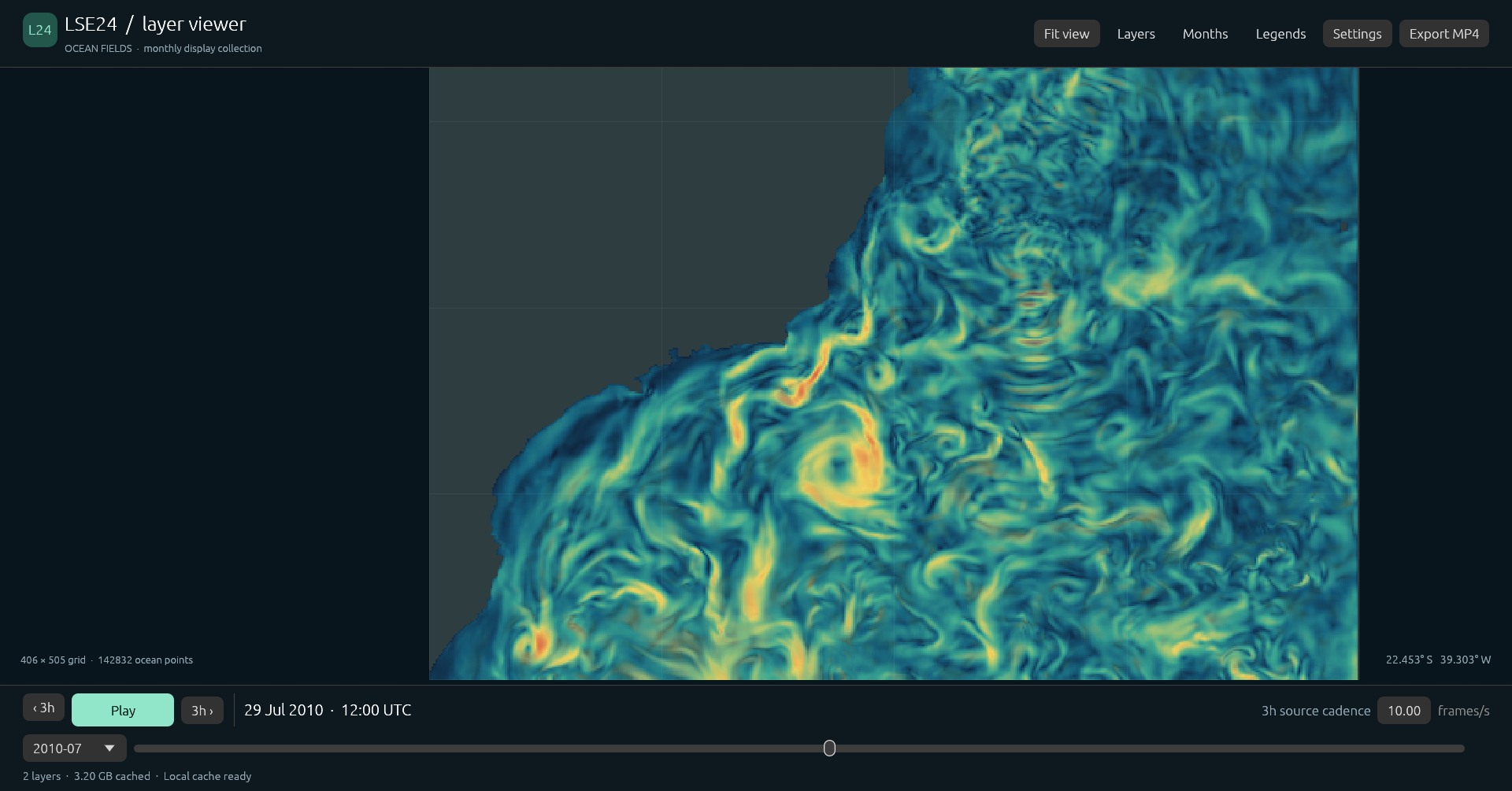 Campo oceânico real no visualizador LSE24, com estruturas em espiral perto da costa